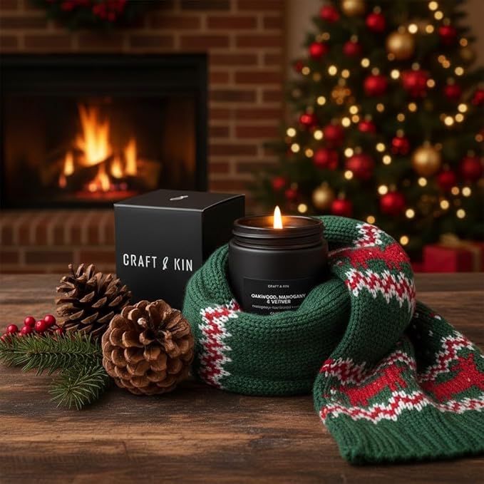 Craft & Kin Premium Oakwood, Mahogany & Vetiver Candle | Black Christmas Scented Candles for Men | Long Lasting with 45 Hour Burn Time, 7.6oz | Soy Holiday Candles | Aromatherapy at Home