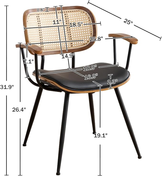 Rattan Dining Room Chairs Set of 4,Mid Century Modern Kitchen Side Chairs,Metal Legs Desk Chair,Faux Leather Accent Chair with Arms and Rattan Backrest Black PU