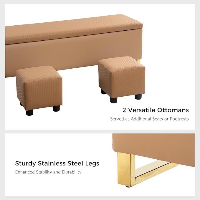 EcoHarbor Living Storage Ottoman Bench with Throw Ottomans, Modern End of Bed Bench, Upholstered Footrest Stool with Gold Legs for Living, Bedroom, Entryway and Hallway(Camel 60inch)