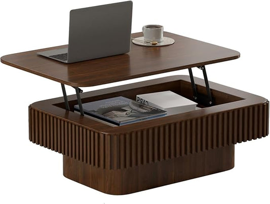 Lift Top Coffee Table for Living Room,Rectangle Handmade Solid Wood Strips, Fluted Coffee Table with Hidden Storage Compartment Small Space Office Apartment (38.6" L×26.8''W×13.8''H-Walnut)