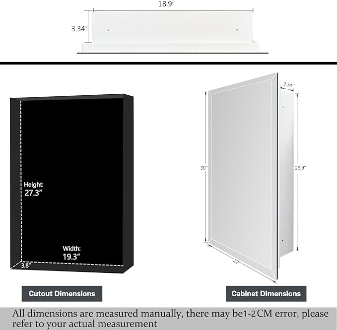 22"x30" Beveled Mirror Medicine Cabinet - Waterproof Bathroom Storage Cabinet, Frameless Mirror Cabinet, Adjustable Shelves, Recessed or Surface Mount (White)