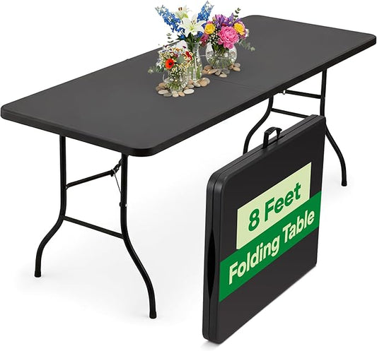 EconoHome Black 8ft Folding Table with Handle | Heavy-Duty Foldable Table | Portable Table for Indoor & Outdoor Use | Perfect for Events, Camping, Parties, Dining & More