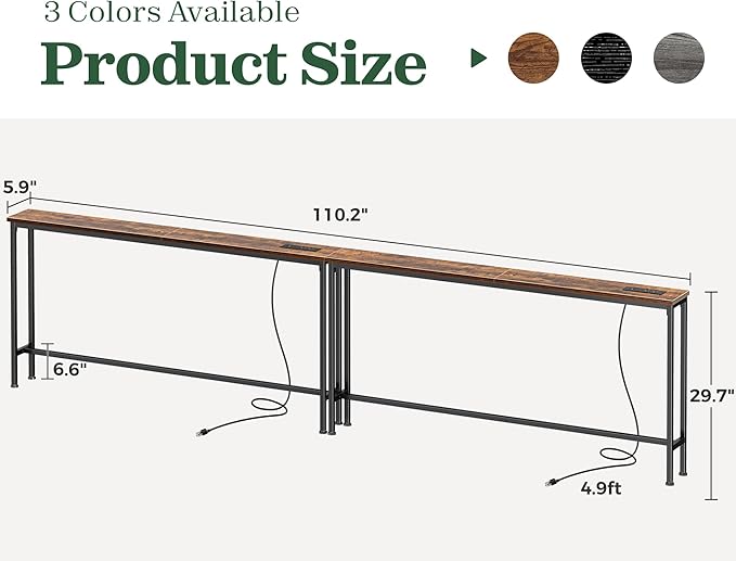 SUPERJARE 110.2 Inch Sofa Table with Power Outlets and USB-C Ports, 5.9 Inch Narrow Console Tables, Entryway Hallway Couch Tables with Storage, Behind Sofa, Small Spaces, Living Room, Rusitc Brown