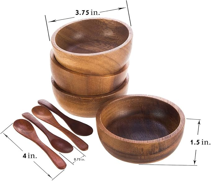 Set of 4 Small Round Acacia Wooden Bowls 3¾ Inch Diameter 1½" High With Spoons - Stackable Mixing Bowl Salad Soup Snack Dip Sauce Charcuterie Wood Tableware Sets for Decor and Serving
