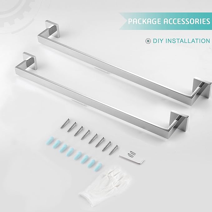 LANC Bath Towel Bars Chrome Polished 2 Pack 24-Inch Bathroom Towel Rail Square Towel Racks Kitchen Towel Holders Stainless Steel Wall Mount Silver Towel Hanger Towel Rods,A8804-6CP