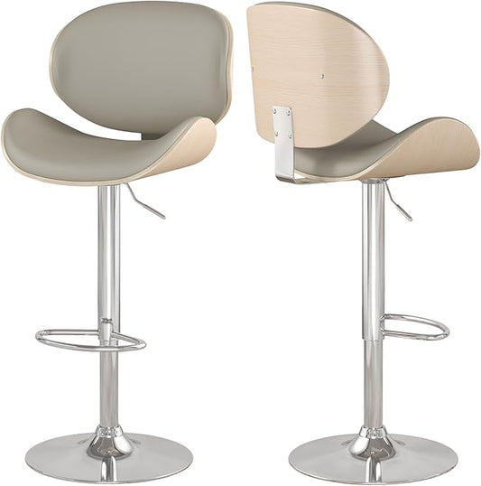 Adjustable Swivel Bar Stools Set of 2, Modern Bentwood Barstool with Large Metal Base and Footrest, PU Leather Upholstered Bar Chair with Curved Back for Kitchen Island Dining Room, Gray