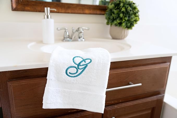 White Monogrammed Hand Towels for Bathroom - Luxury Hotel Quality Personalized Initial Embroidered Towel for Powder Room, Spa - GOTS Organic Certified - Set of 2 Teal Letter G