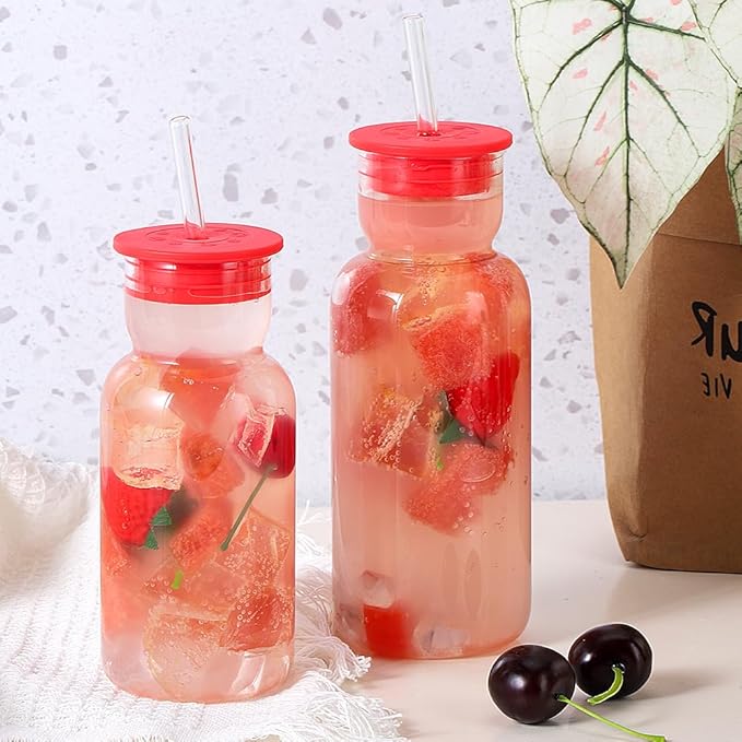 17 oz Glass Cups with Lid and Straw, Glass Tumbler with Straw and Lid, Vintage Glassware for Whiskey Cocktail Beer Juice, Iced Coffee Cups with Lid (3 PACK)