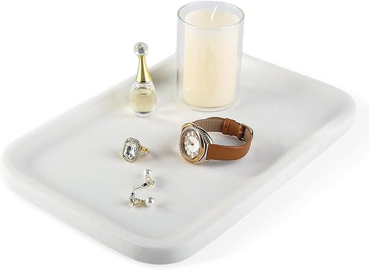 Koville Marble Tray, 12"x8" Marble Vanity Tray for Bathroom Kitchen Countertop, Rectangular Stone Tray for Cosmetics Perfume Trinket, Decorative Catchall Trays (White)