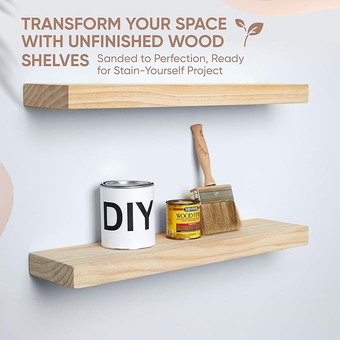 Homeforia 24 inch Wood Floating Shelves, High End Solid Natural Wood 24inch Floating Shelf for Wall, Unfinished Wooden 24 inches Floating Shelves, Heavy Duty Bracket, 24 X 6.5 X 1.75 in, Set of 2