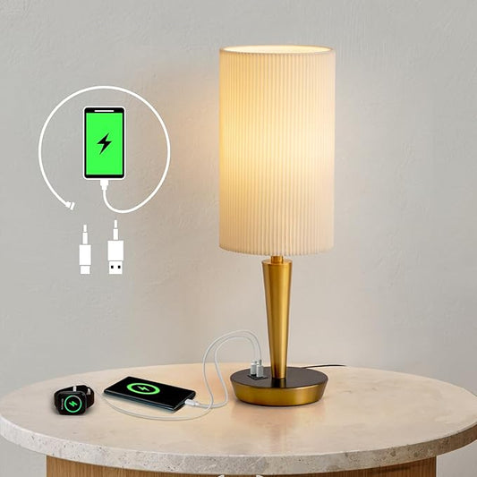 MODIVO Bedside Table Lamp with USB-C/A Charging & Touch Control, 17" Bronze Color-Finish Design & Dual-Layer Wave Shade - 3-Level Dimmable, Stable Base (E26 Bulb Included)