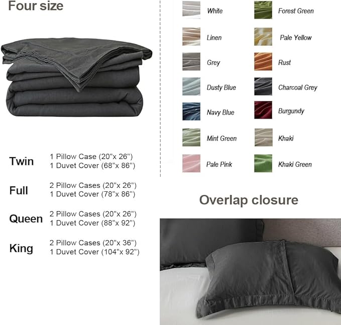 Simple&Opulence French Linen Duvet Cover Set 78" x 86"- 3 Pieces (1 Comforter Cover,2 Pillowcases)- Natural Flax Cotton Blend-Solid Color Breathable Farmhouse Bedding-Charcoal Grey, Full
