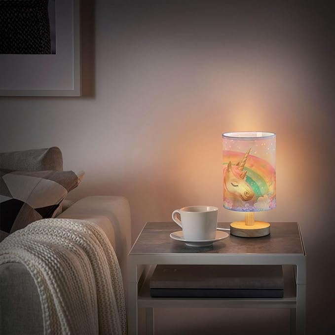 Bedside Lamp Pink Unicorn Cute Table Lamp with USB Port Wood Base for Living Room,Bedroom,Nightstand 214B5433
