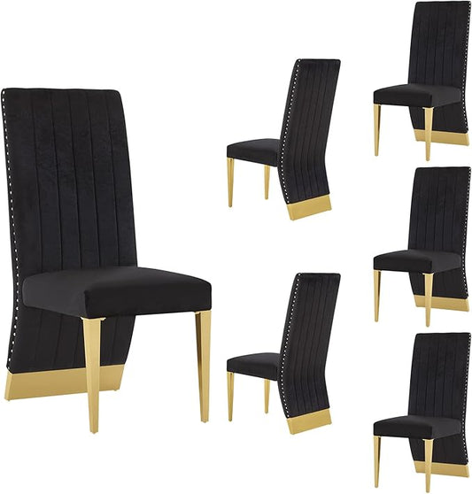 AUZ Dining Chairs Set of 6, Black and Gold Dining Room Chairs with Nailhead Trim and Gold Legs, Black Velvet Upholstered Dining Chair for Dining Table, Kitchen and Dining Room, Modern Luxury Style