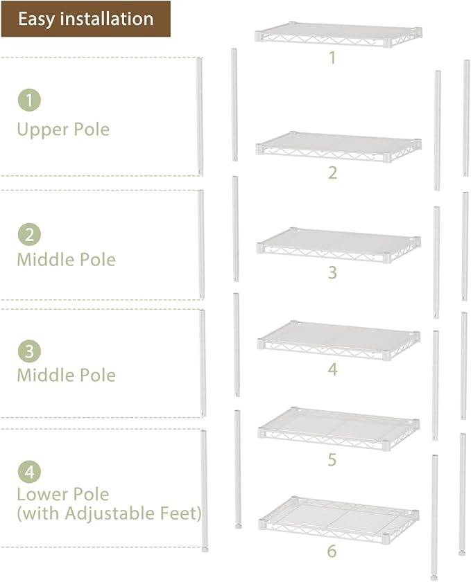 SINGAYE 6 Small Wire Shelves Kitchen Pantry Close Home Organizers and Storage Bathroom Shelf Laundry Room Organization Adjustable Book Metal Garage Shelving Unit