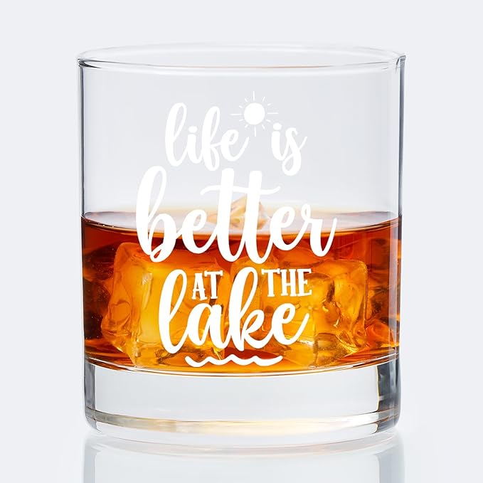 Lake Life Gifts Old Fashioned Whiskey Glasses, Gifts for Lake Lovers, Life is Better at the Lakes 10 oz Rocks Barware Cup for Cocktail Drinks Scotch Bourbon Liquor