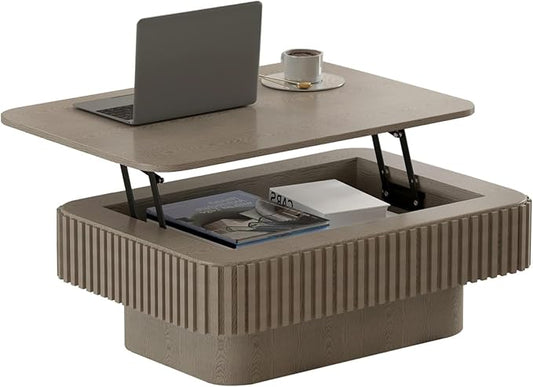 Lift Top Coffee Table for Living Room,Rectangle Handmade Solid Wood Strips, Fluted Coffee Table with Hidden Storage Compartment Small Space Office Apartment (38.6" L×26.8''W×13.8''H-Grey)