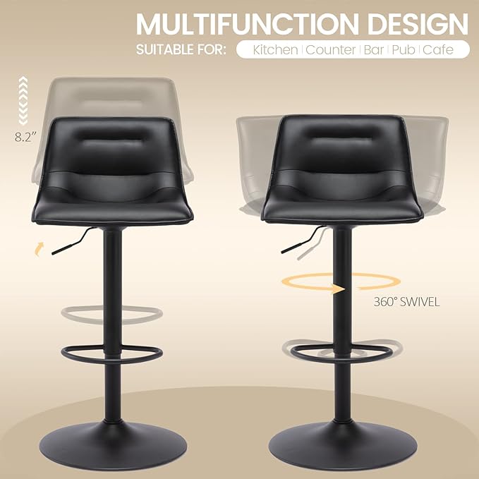 Brage Living Adjustable Bar Stools Set of 2, Modern PU Leather Swivel Counter Height Barstools with Back, Armless Airlift Curved Bar Chairs for Kitchen Dining Cafe (Black, Black Base)