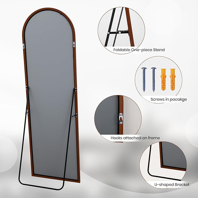 Arched 26x71 Inch Full Length Mirrors Aluminium Frame in Retro Reddish Brown Wood Looking Free Standing Floor Mirror Full Body Wall Mounted for Bedroom Living Room and Hallway