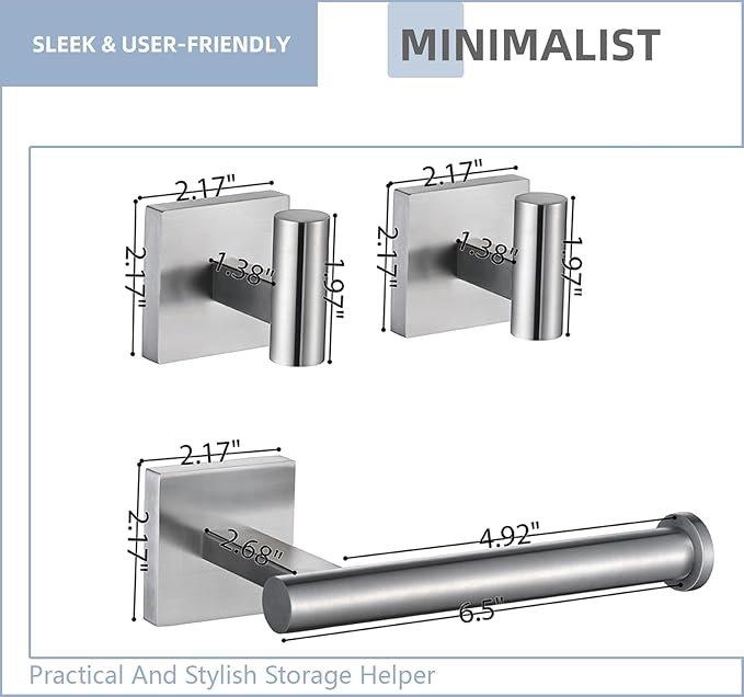Toilet Paper Roll Holder Stand with 2 Robe Towel Hooks,Wall Mounted Brushed Nickel 3 Piece Bathroom Hardware Set, SUS 304 Stainless Steel, Drilling Hole Bath Accessories (Silvery)