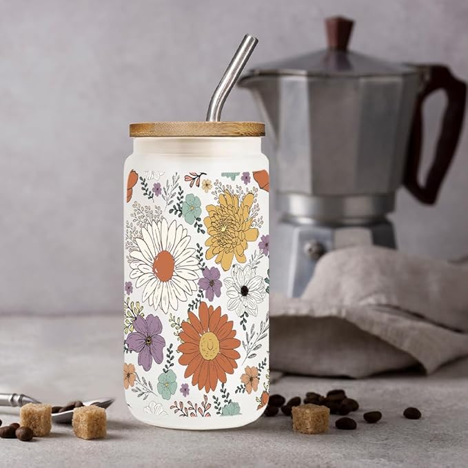 Floral Daisy Iced Glass Cups with Bamboo Lids and Straws 16oz Wildflower Gift for Women Cute Flower Drinking Glass with Cleaning Brushes, Flower Gifts for Mother Birthday Bridesmaid Party