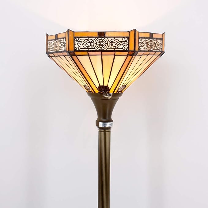WERFACTORY Tiffany Floor Lamp Yellow Hexagon Stained Glass Mission Light 12X12X71 Inches Torchiere Standing Corner Torch Uplight Decor Bedroom Living Room Home Office S011 Series