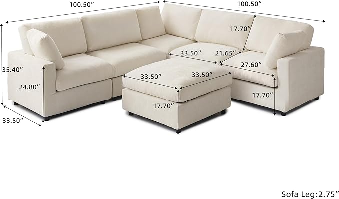 JACH V Shape Sectional Couches with Chaise Ottoman, Convertible Modular Sofa, Cloud Sectional Couch, Sofa Covers Washable, Minimalist Couch for Living Room, Apartment, Beige
