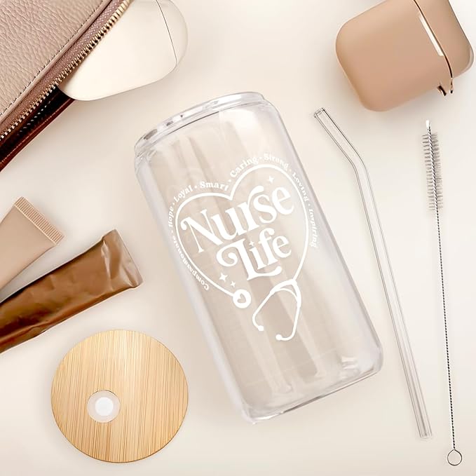 SANDJEST Nurse Life Glass Can Cup with Lid & Straw, Iced Coffee Aesthetic Cups, Idea Gift for Christmas Birthday Mother Day Nurse Week, Gifts for Women Friends, 16oz