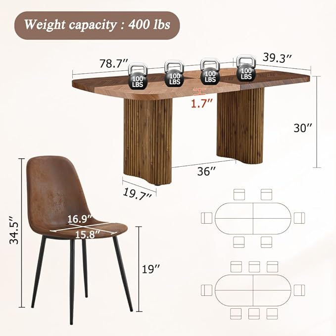 79" Large Dining Table Set for 6, Modern Farmhouse Dining Room Table Set with 1.7" Thick Two-Tone Wood Top, Sculpted Wave Legs & 6 Suede Upholstered Chairs, Wooden Kitchen Table Set for Living Room