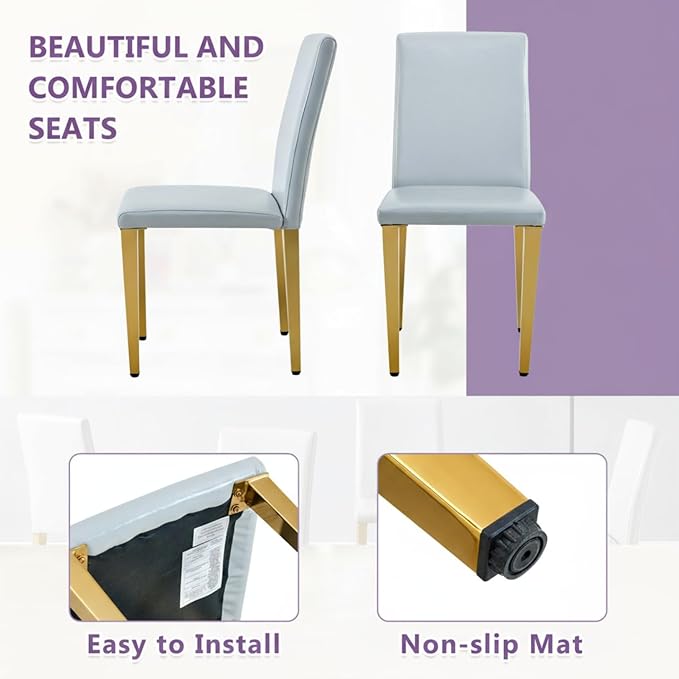Modern Dining Chairs Set of 2, Light Gray PU Leather with Gold Metal Legs, High Back Kitchen Chairs, 35.4 Inch Height, Contemporary Minimalist Design