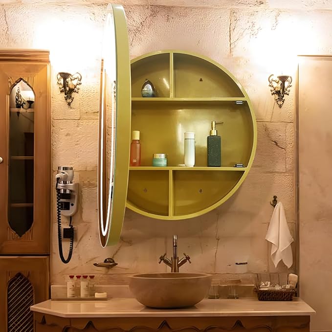 26inch Round Medicine Cabinet with Lights,Led Medicine Cabinet with Defogger,Illuminated Mirror Cabinet for Bathroom,Dimmable,Anti-Fog,3 Colors,Surface Mount only,Gold