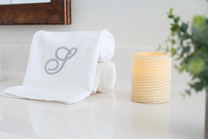 White Monogrammed Hand Towels for Bathroom - Luxury Hotel Quality Personalized Initial Embroidered Towel for Powder Room, Spa - GOTS Organic Certified - Pack of 2 Silver, Letter S
