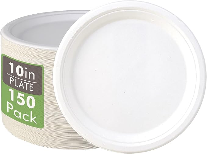 Vplus 150 Pack Compostable Disposable Paper Plates 10.25 inch Super Strong Paper Plates 100% Bagasse Natural Biodegradable Eco-Friendly Sugarcane(white)