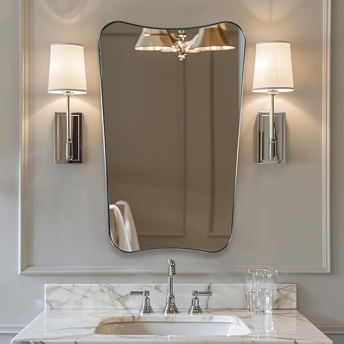 ANDY STAR 24x40 Inch Asymmetrical Mirror, Brushed Nickel Bathroom Mirror, Large Bathroom Mirror for Vanity, Anti-Rust Stainless Steel 1’’ Metal Frame, Italian Style Designer Mirror