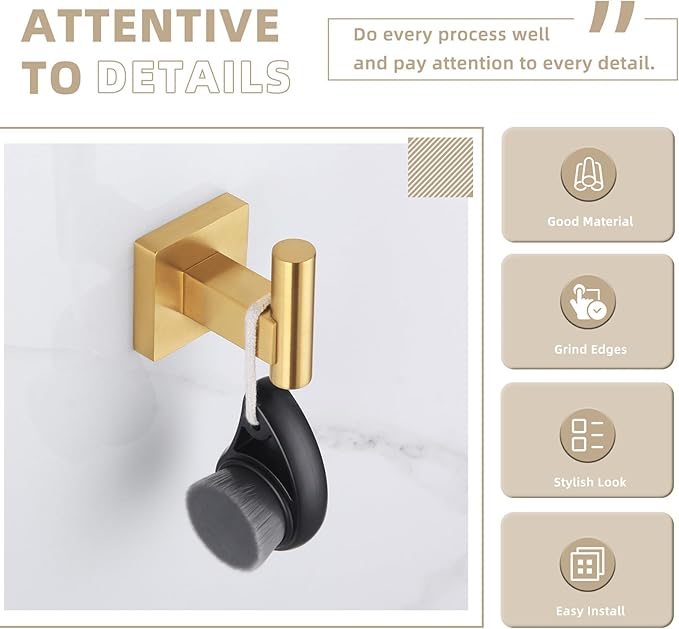 Suyar Brushed Gold Towel Hook, SUS 304 Stainless Steel Coat Robe Hook, Bathroom Towel Holder for Wall