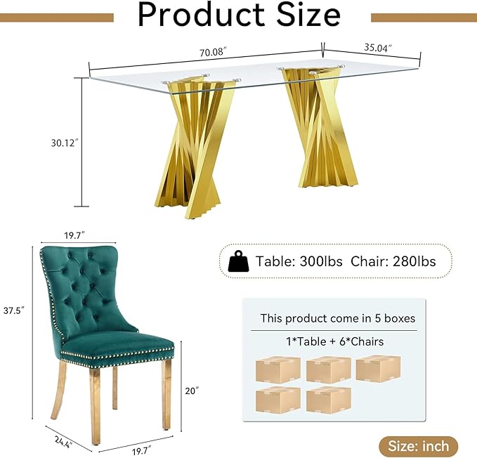 Goujxcy 70" Glass Dining Table Set for 6, Modern Gold Dining Table Set with 6 Green Velvet Upholstered Dining Chairs, 7 Piece Kitchen Dining Room Table Set with Stainless Steel Legs