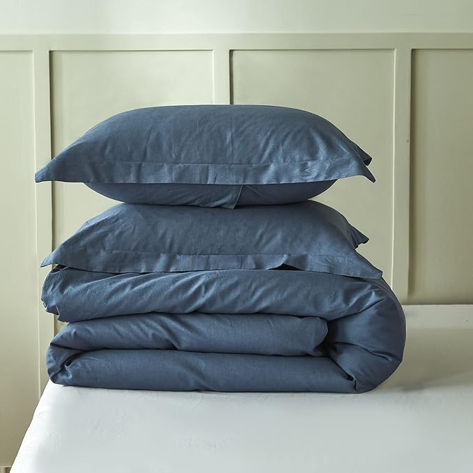 Simple&Opulence French Linen Duvet Cover Set 88" x 92"- 3 Pieces (1 Comforter Cover,2 Pillowcases)- Natural Flax Cotton Blend-Solid Color Breathable Farmhouse Bedding-Navy Blue, Queen