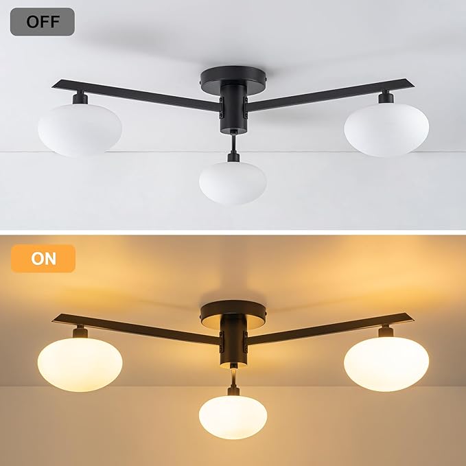 Semi Flush Mount Ceiling Light Fixture, Mid Century Modern 3-Light 22.5" Lighting Fixtures Ceiling, Matte Black Ceiling Lights for Bedroom, Entryway, Hallway, Bathroom, Kitchen, Dining Room