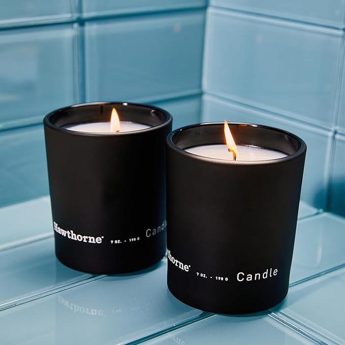Hawthorne Fresh & Aquatic Cologne-Scented Candle. Breezy Like A Cool Gin Cocktail Out at Sea. Notes of Juniper, Pear, Sea Salt, and Cedar. Soy Blend Wax, 7 Oz., About 50 Hours of Burn Time.