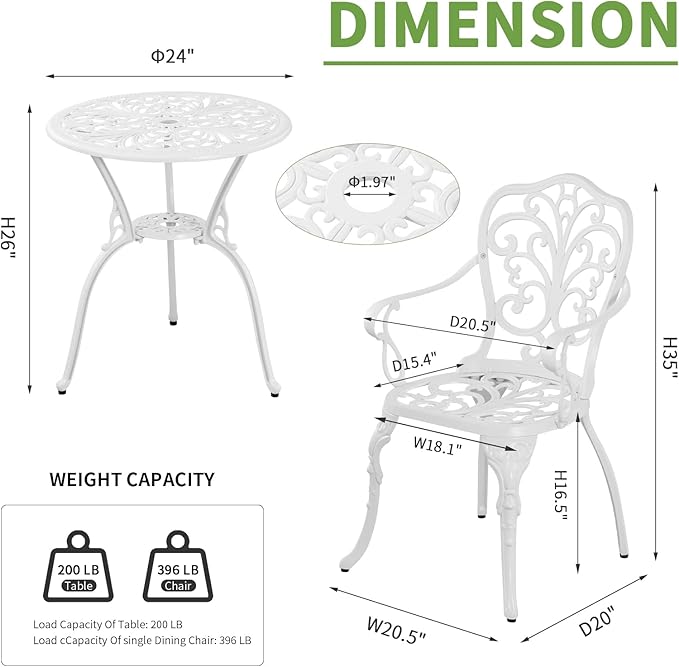 Cast Aluminum Bistro Table and Chairs Set of 2 with Umbrella Hole for Yard (WHITE1)
