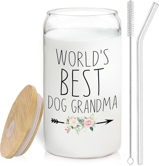 World's Best Dog Grandma Glass Cup with Lids and Straws 14oz, Grandma Gifts for Mother's Day Birthday, Grandmother Gifts Glass Coffee Tumbler Drinking Jars with Cleaning Brush
