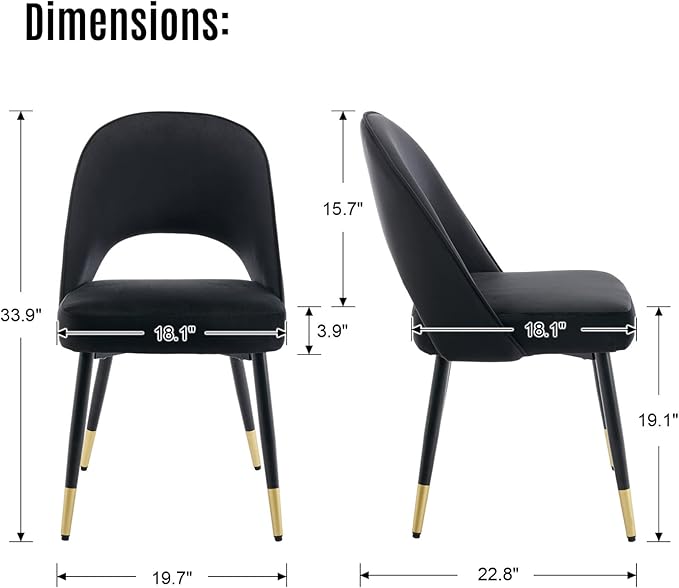 LukeAlon Classic Velvet Dining Chairs Set of 4, Upholstered Open Back Kitchen Chairs with Metal Legs Armless Side Chairs Mid Century Dining Chair for Dining Room, Luxurious Black