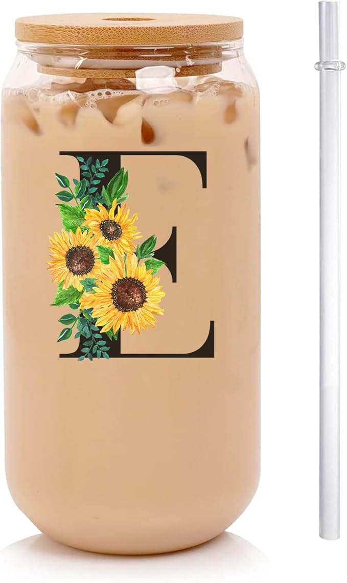 Initial Glass Cups Sunflower with Bamboo Lids and Straws,16oz Iced Coffee Mug Tumbler,Monogrammed Birthday Gifts Mother's Day Sunflower Gifts for Women,Mom,Friend,Sister