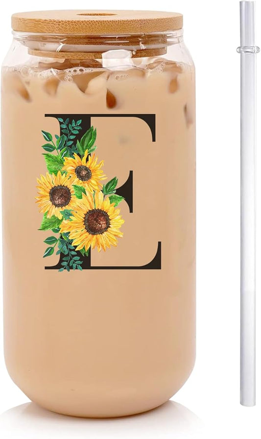 Initial Glass Cups Sunflower with Bamboo Lids and Straws,16oz Iced Coffee Mug Tumbler,Monogrammed Birthday Gifts Mother's Day Sunflower Gifts for Women,Mom,Friend,Sister
