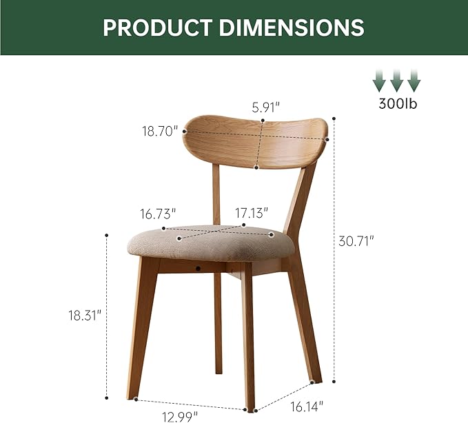 100% Solid Wood Upholstered Dining Chairs, Mid Century Modern Oak Dining Chairs with Curved Back Design with Butterfly Wing Shape for Kitchen, Dining Room, Restaurant (4PK, Log Color-Gray Cushion)