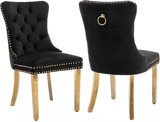 Luxury Upholstered Dining Chairs Set of 2, Black Kitchen Chair with Golden Metal Legs, Velvet Tufted Back Dining Chair, Sillas de Comedor, Modern Kitchen & Dining Room Chairs (Black, 2 Pcs)