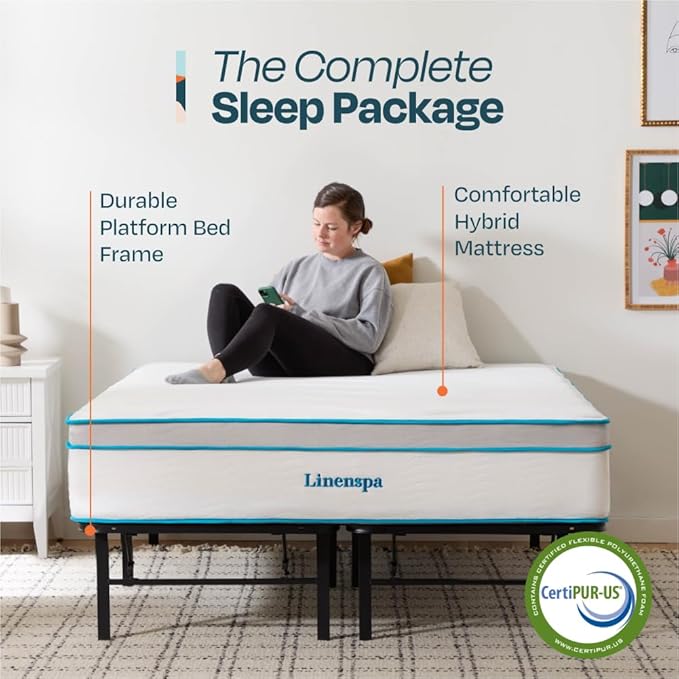 Linenspa 12” Memory Foam and Innerspring Hybrid Mattress + 14” Black Metal Platform Bedframe – Queen Mattress + Metal Folding Queen Bedframe