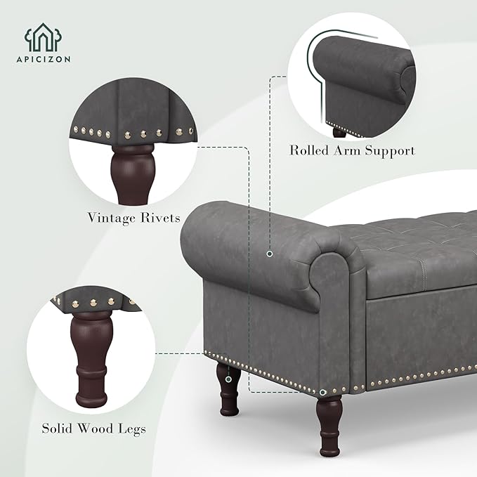 Apicizon 51” Bench with Storage, Upholstered Tufted Button Bedroom Bench with Storage, Faux Leather End of Bed Bench with Rolled Arms, Storage Ottoman Bench for Bedroom, Living Room, Entryway, Gray