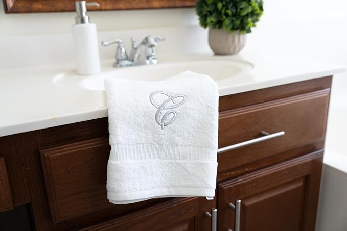 White Monogrammed Hand Towels for Bathroom - Luxury Hotel Quality Personalized Initial Embroidered Towel for Powder Room, Spa - GOTS Organic Certified - Set of 2 Silver Letter C