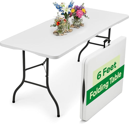 EconoHome White 6ft Folding Table with Handle | Heavy-Duty Foldable Table | Portable Table for Indoor & Outdoor Use | Perfect for Events, Camping, Parties, Dining & More